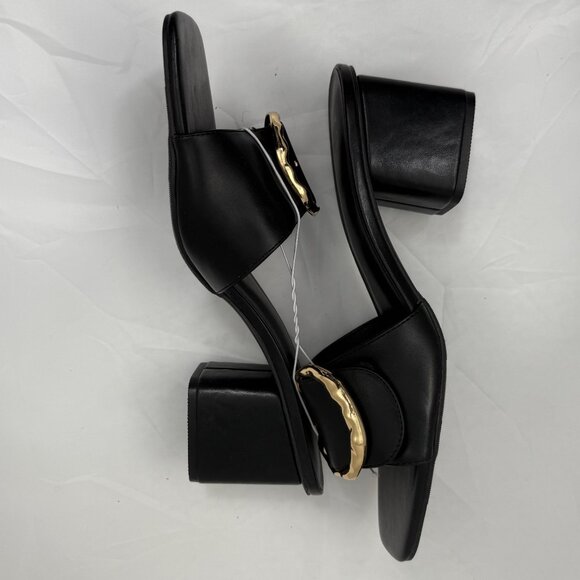 A New Day Womens Faux Leather Slides With Gold Buckle Black Sz 11 Block Heel - Picture 3 of 10